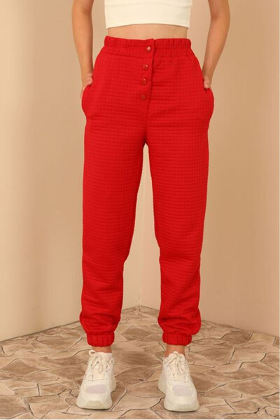 Women's Quilted Fabric Ankle Length Full Fit Snap Detail Trousers - Red - 13