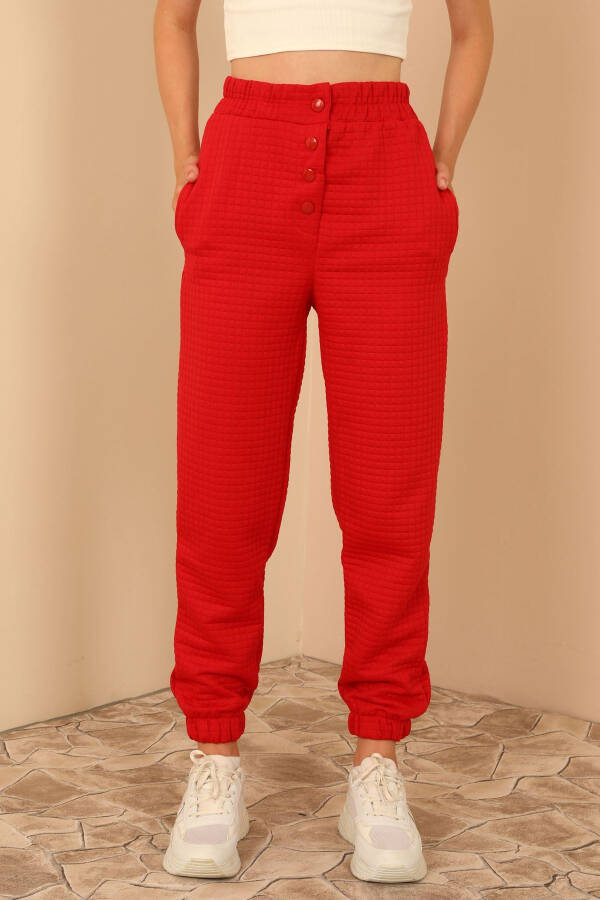 Women's Quilted Fabric Ankle Length Full Fit Snap Detail Trousers - Red - 14