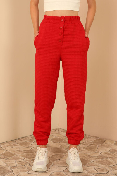 Women's Quilted Fabric Ankle Length Full Fit Snap Detail Trousers - Red - 15