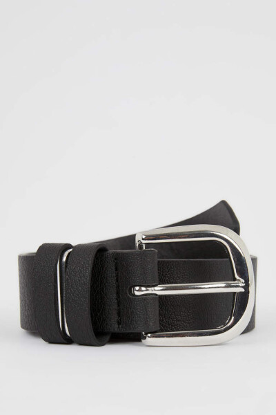 Women's Rectangular Buckle Faux Leather Jean Belt Black - 1