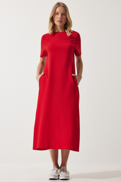 Women's Red A-Cut Summer Knit Dress UB00060 - 2