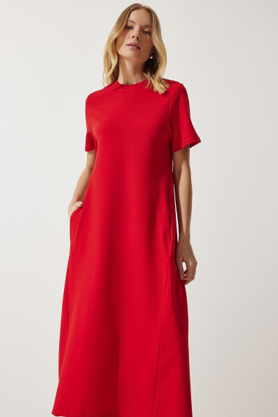 Women's Red A-Cut Summer Knit Dress UB00060 - 4