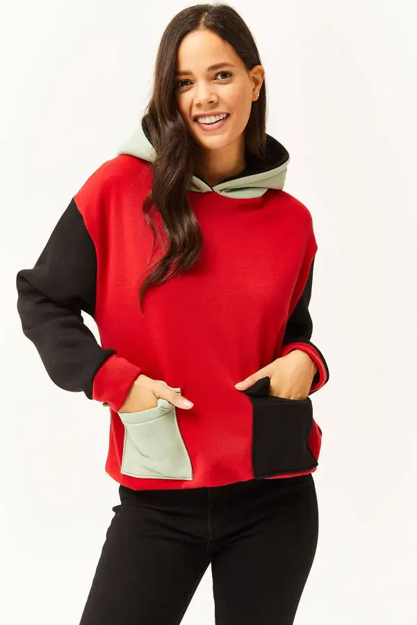 Women's Red Aqua Green Color Block Sherpa Sweatshirt SWT-19000327 - 1