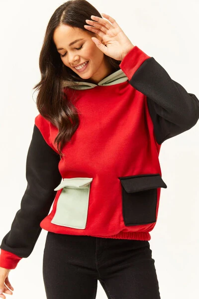 Women's Red Aqua Green Color Block Sherpa Sweatshirt SWT-19000327 - 2