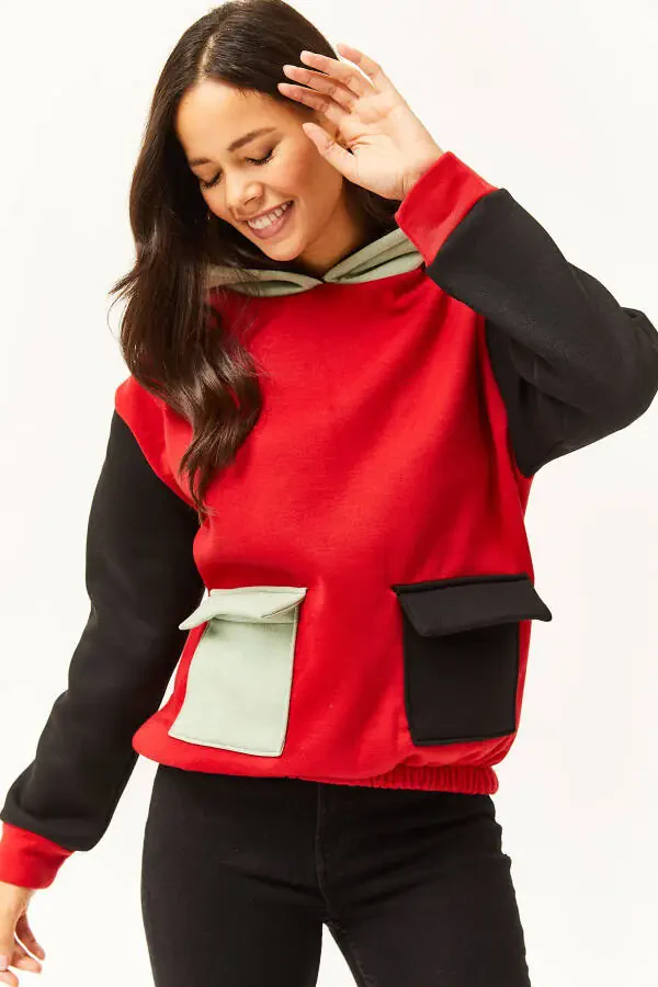 Women's Red Aqua Green Color Block Sherpa Sweatshirt SWT-19000327 - 2
