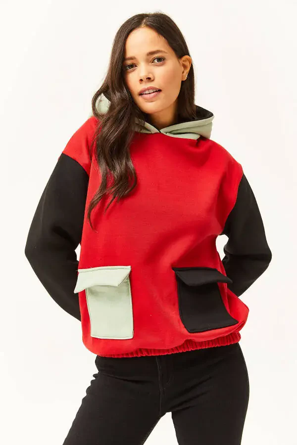 Women's Red Aqua Green Color Block Sherpa Sweatshirt SWT-19000327 - 3