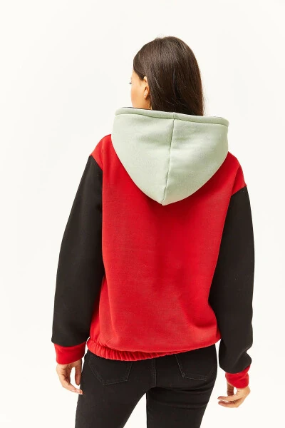 Women's Red Aqua Green Color Block Sherpa Sweatshirt SWT-19000327 - 4