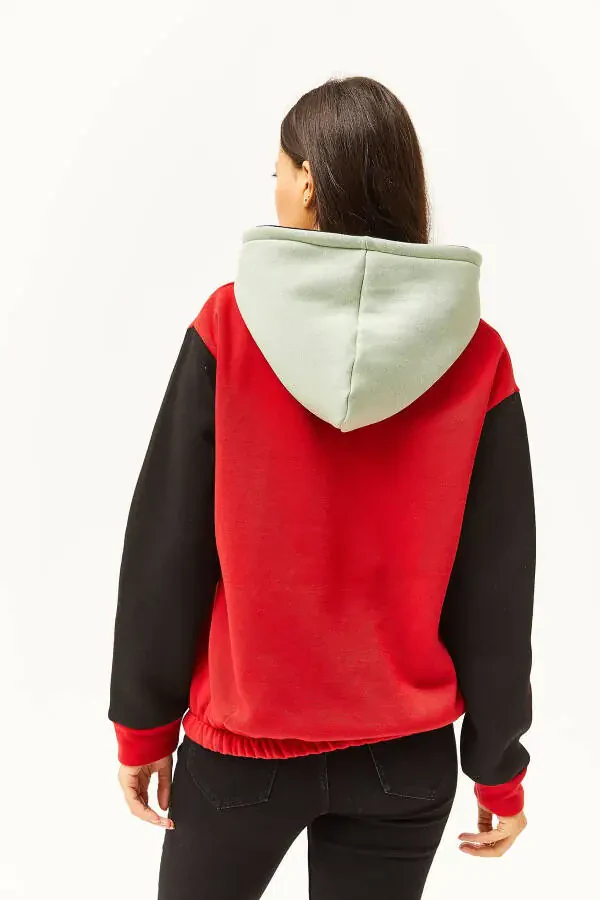 Women's Red Aqua Green Color Block Sherpa Sweatshirt SWT-19000327 - 4