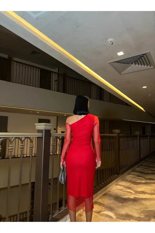 Women's Red Asymmetric Neck One Shoulder Tulle Detailed Midi Dress-Red - 10