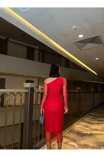 Women's Red Asymmetric Neck One Shoulder Tulle Detailed Midi Dress-Red - 4