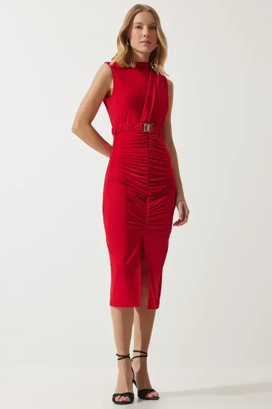 Women's Red Belted Ruched Knit Dress DE00031-Red - HAPPINESS İSTANBUL