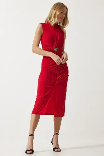 Women's Red Belted Ruched Knit Dress DE00031-Red - 6