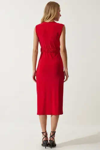 Women's Red Belted Ruched Knit Dress DE00031-Red - 7