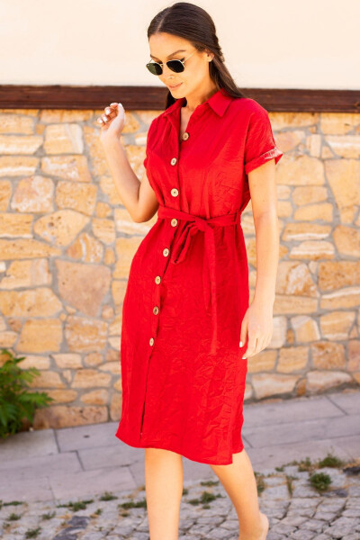 Women's Red Belted Short Sleeve Shirt Dress Arm-19Y001068 - 2