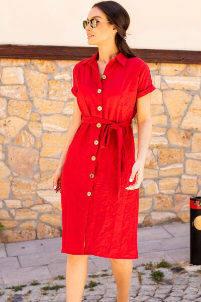 Women's Red Belted Short Sleeve Shirt Dress Arm-19Y001068 - 3