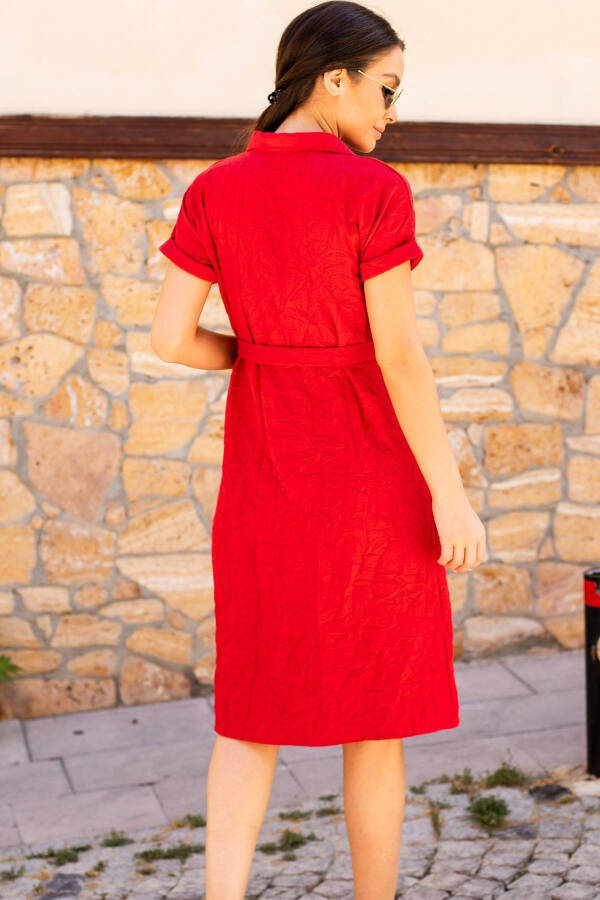 Women's Red Belted Short Sleeve Shirt Dress Arm-19Y001068 - 4