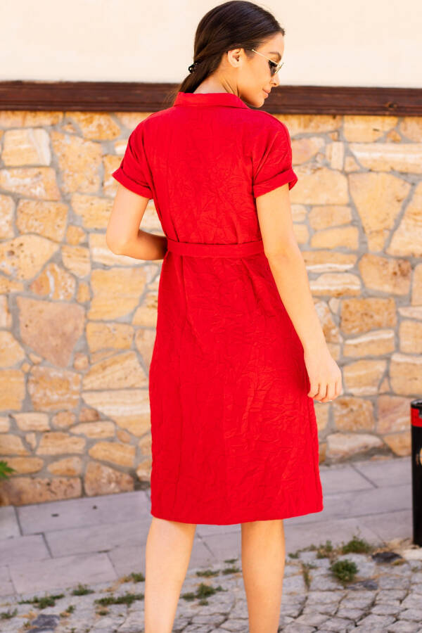 Women's Red Belted Short Sleeve Shirt Dress Arm-19Y001068 - 9