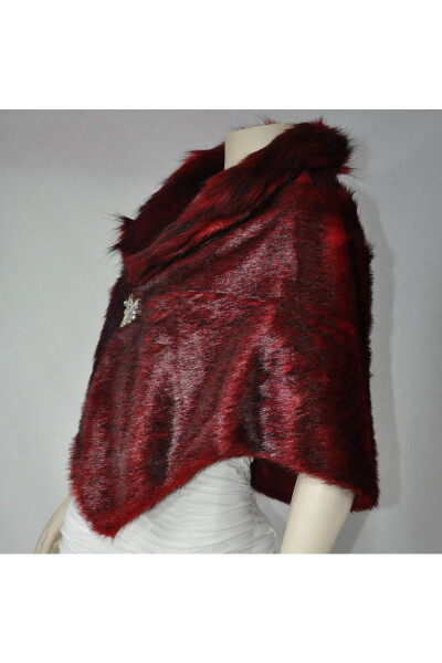 Women's Red Black Furry Brooch Bridal and Evening Dress Fur Stole Bolero - 3