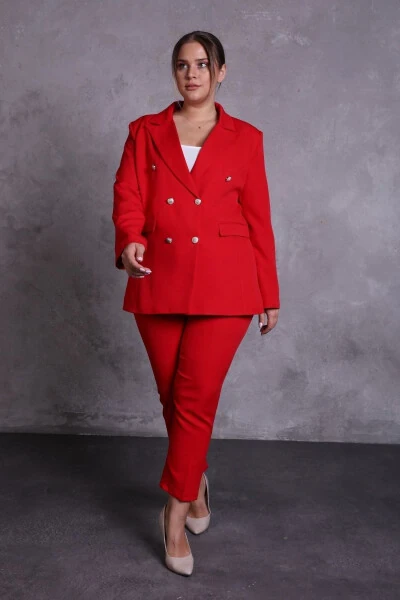 Women's Red Blazer Jacket with Belt, Pockets, Wide Leg Trousers, Plus Size Suit - SİZ