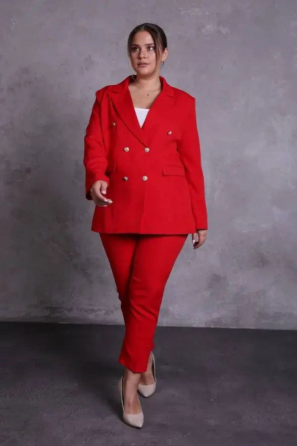 Women's Red Blazer Jacket with Belt, Pockets, Wide Leg Trousers, Plus Size Suit - 1