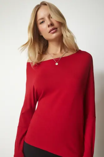 Women's Red Boat Neck Knit Blouse UB00151-Red - 1