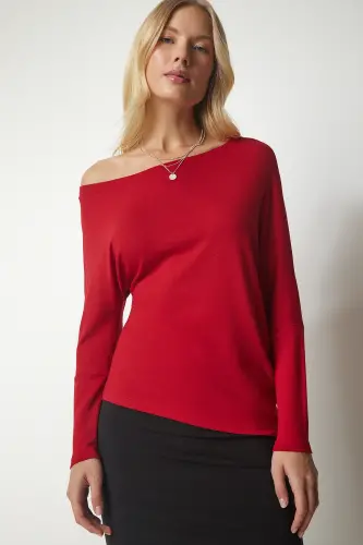 Women's Red Boat Neck Knit Blouse UB00151-Red - 2