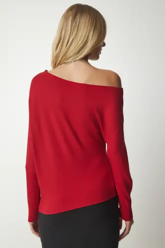 Women's Red Boat Neck Knit Blouse UB00151-Red - 4