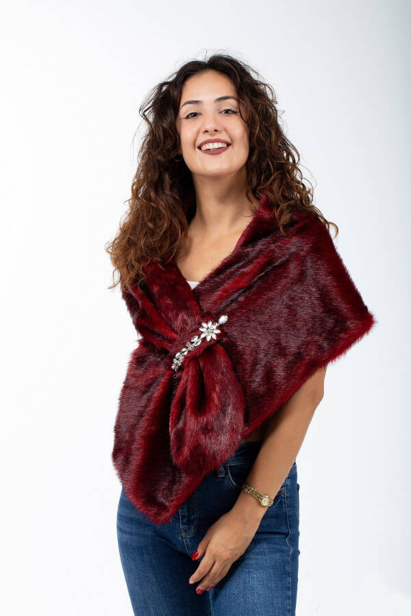 Women's Red Brooch Bridal and Evening Fur Stole - 1