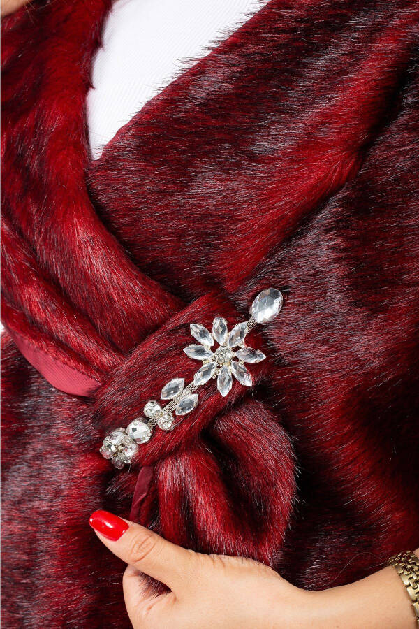 Women's Red Brooch Bridal and Evening Fur Stole - 2