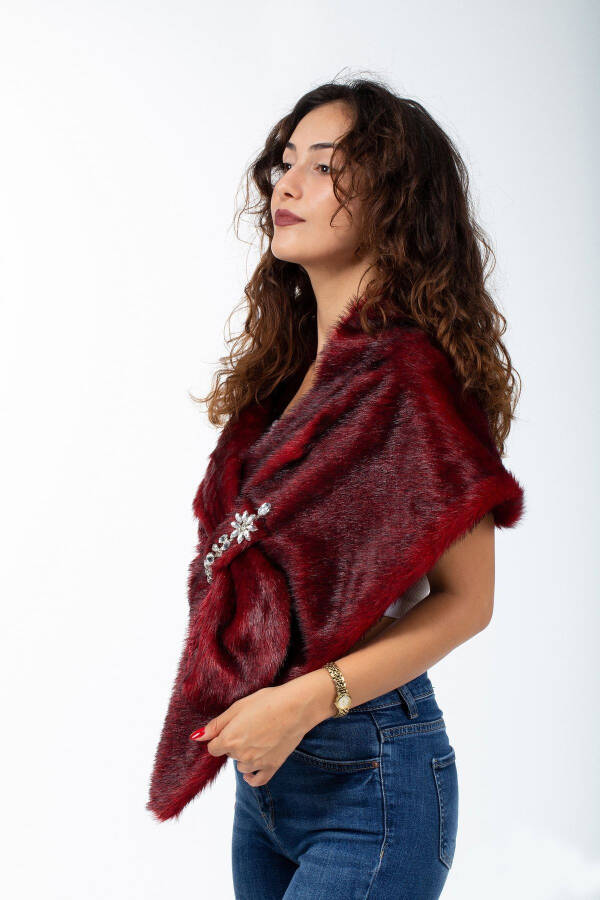 Women's Red Brooch Bridal and Evening Fur Stole - 3