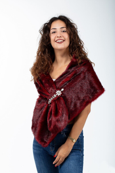 Women's Red Brooch Bridal and Evening Fur Stole - KRK