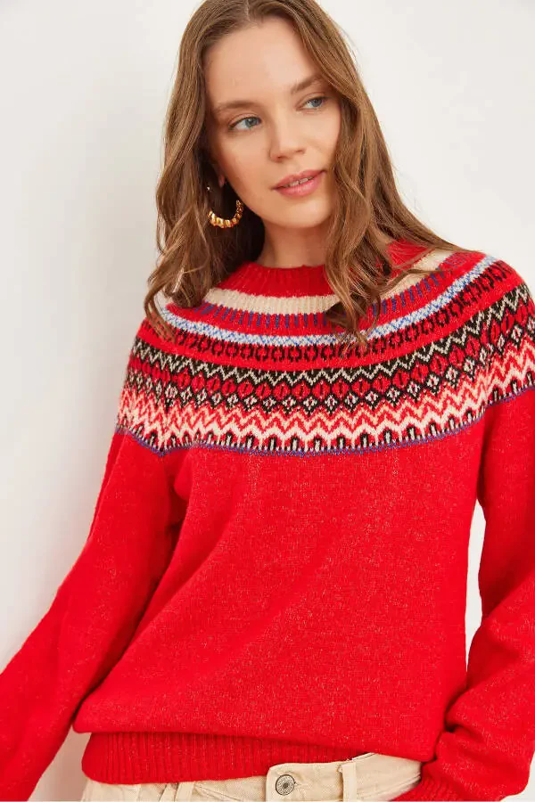 Women's Red Collar Patterned Soft Textured Knitted Sweater KZK-19000846 - 1