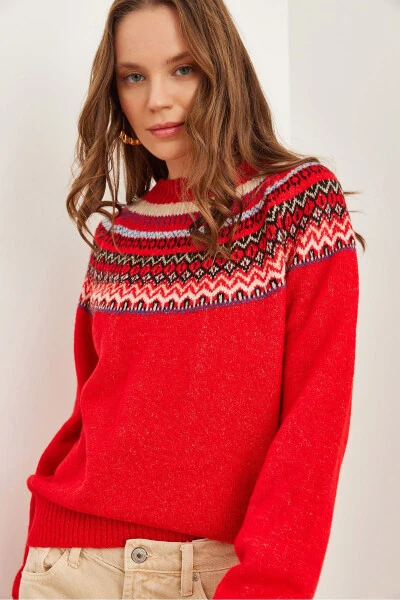 Women's Red Collar Patterned Soft Textured Knitted Sweater KZK-19000846 - 3