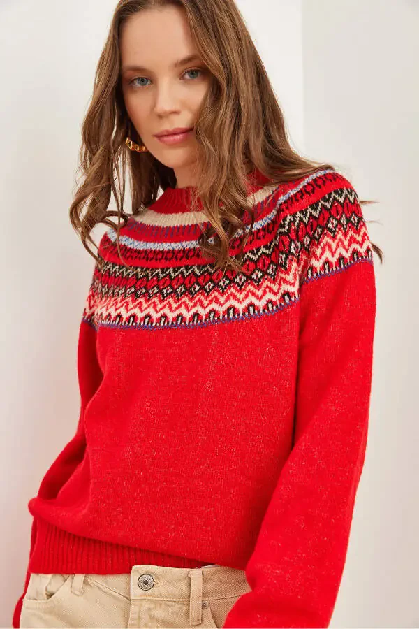 Women's Red Collar Patterned Soft Textured Knitted Sweater KZK-19000846 - 3