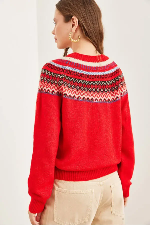Women's Red Collar Patterned Soft Textured Knitted Sweater KZK-19000846 - 5