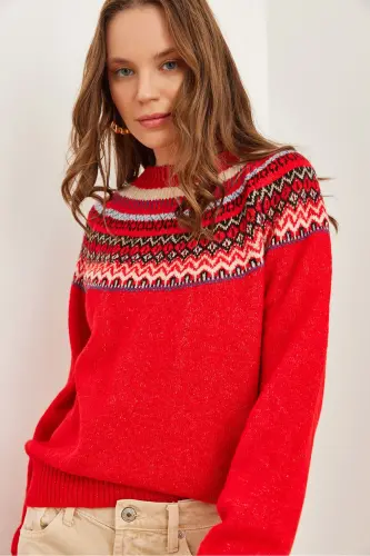 Women's Red Collar Patterned Soft Textured Knitted Sweater KZK-19000846 - 4