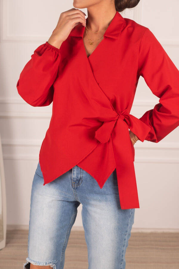 Women's Red Collared V-Neck Blouse ARM-22Y024025 - 1