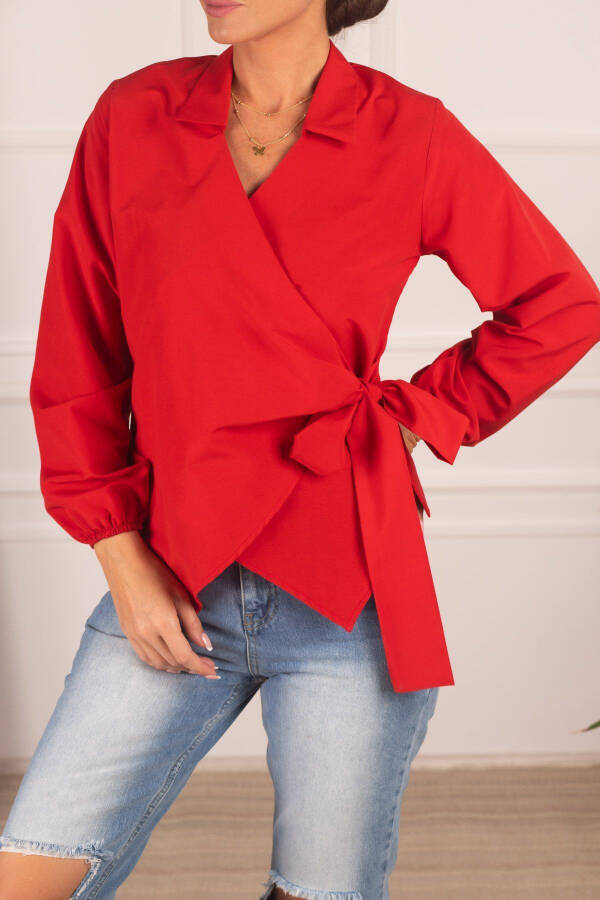 Women's Red Collared V-Neck Blouse ARM-22Y024025 - 3