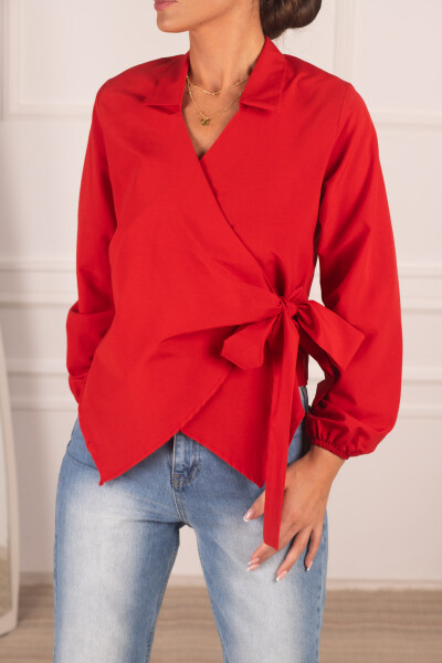 Women's Red Collared V-Neck Blouse ARM-22Y024025 - 6