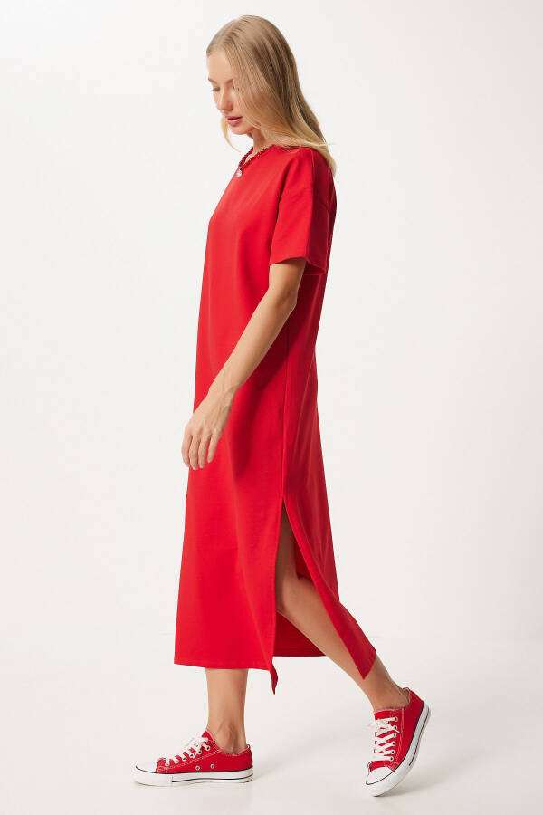 Women's Red Cotton Summer Casual Daily Knit Dress UB00080 - 2