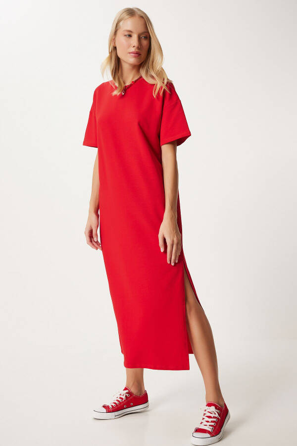 Women's Red Cotton Summer Casual Daily Knit Dress UB00080 - 3