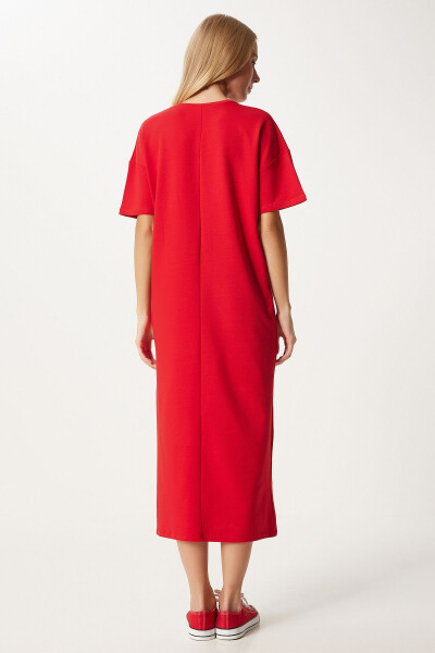 Women's Red Cotton Summer Casual Daily Knit Dress UB00080 - 5