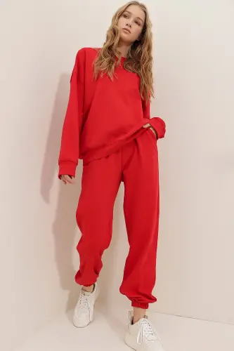 Women's Red Crew Neck Elastic Waist & Cuff Two-Thread Basic Tracksuit ALC-507-669-001 - 4