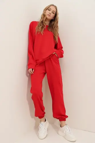 Women's Red Crew Neck Elastic Waist & Cuff Two-Thread Basic Tracksuit ALC-507-669-001 - 6