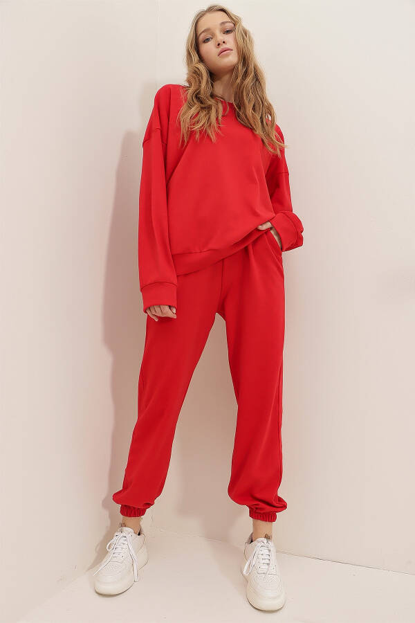 Women's Red Crew Neck Elastic Waist & Cuff Two-Thread Basic Tracksuit ALC-507-669-001 - 1