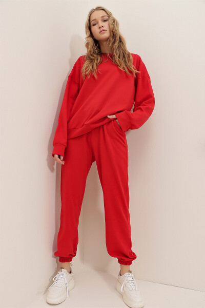 Women's Red Crew Neck Elastic Waist & Cuff Two-Thread Basic Tracksuit ALC-507-669-001 - 3