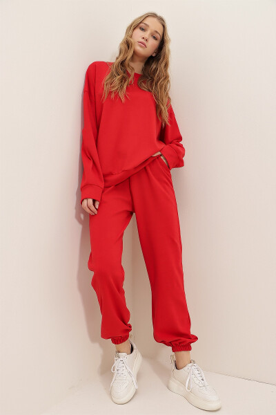 Women's Red Crew Neck Elastic Waist & Cuff Two-Thread Basic Tracksuit ALC-507-669-001 - 4