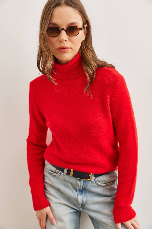 Women's Red Crew Neck Soft Texture Beard Knitted Sweater KZK-19000861 - 1