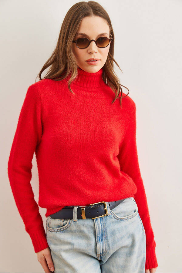 Women's Red Crew Neck Soft Texture Beard Knitted Sweater KZK-19000861 - 3