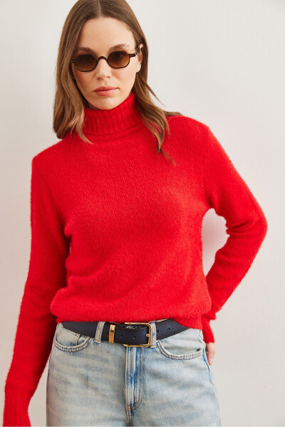 Women's Red Crew Neck Soft Texture Beard Knitted Sweater KZK-19000861 - 4